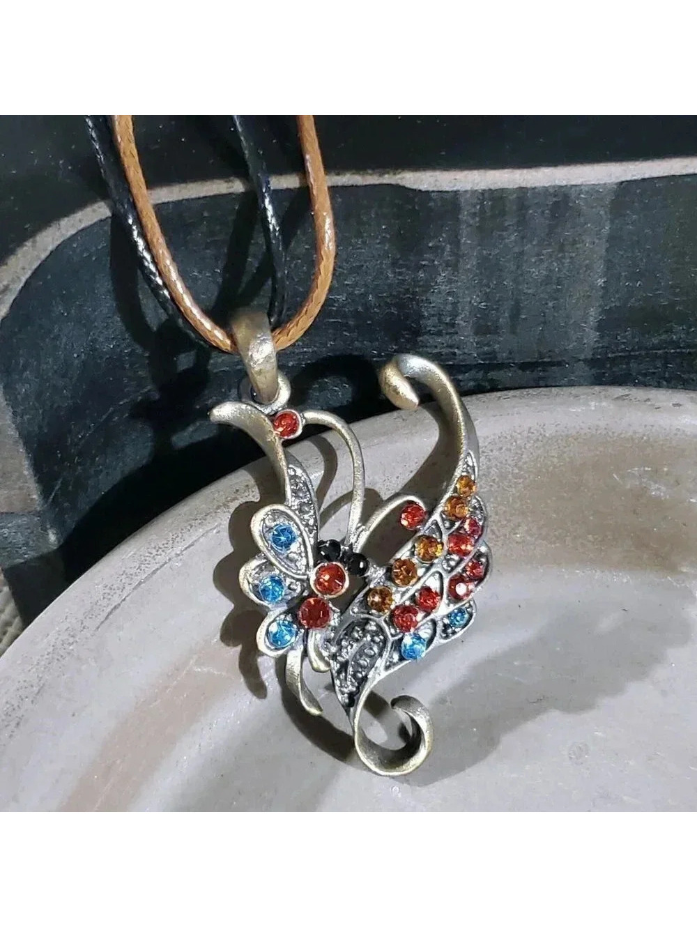 Rustic Antique Bronze Rhinestones Art Nouveau Pendant Necklace Vegan Leather
